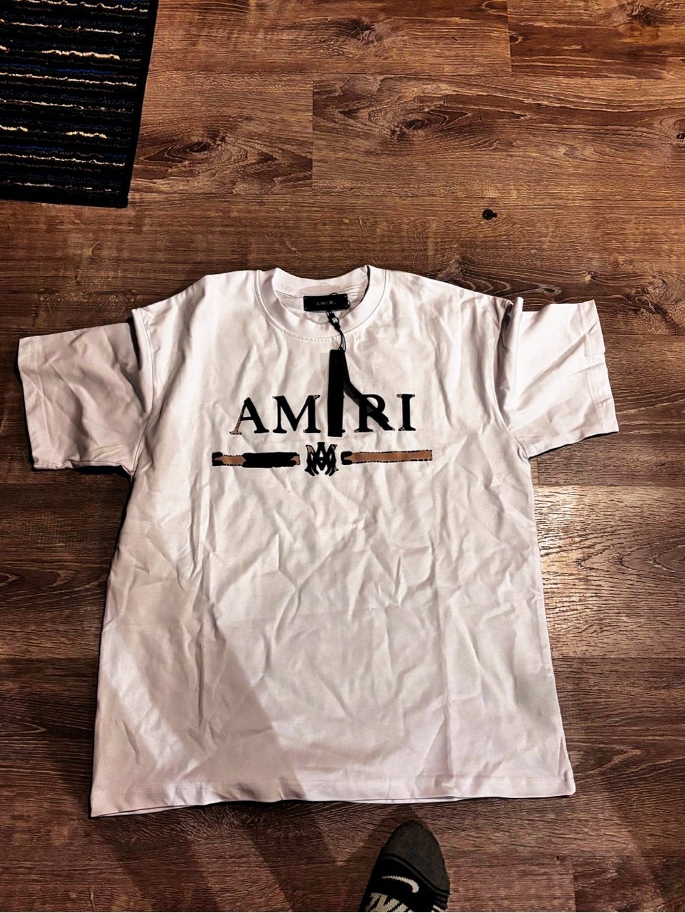 AMIRI White Graphic Logo Short Sleeve Tee with Tan Accent